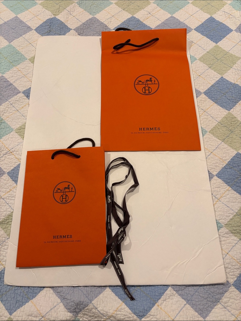 Hermes Orange and Black Logo paper shopping Bags with Black Ribbon Handles